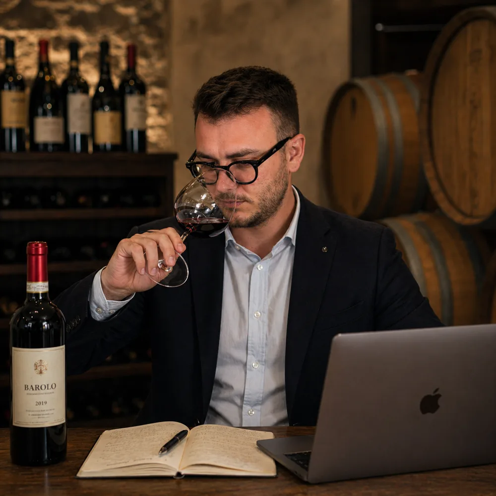 Ritratto di Nicolò Robiglio in cantina tra botti e bottiglie
